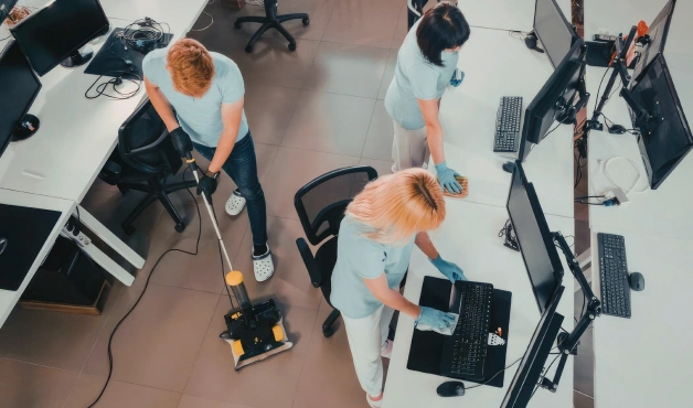 Cleaning trolley in commercial building hallway for AMC cleaning services Dubai