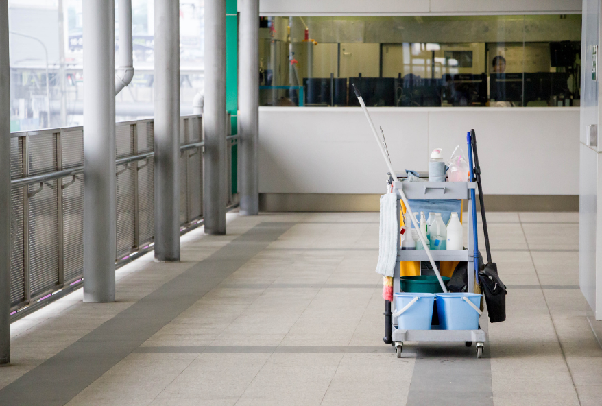 Commercial cleaning services equipment in a commercial office building