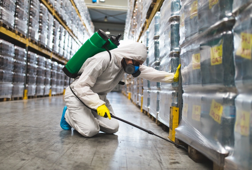 Professional restaurant pest control technician inspecting a commercial food storage area in Dubai