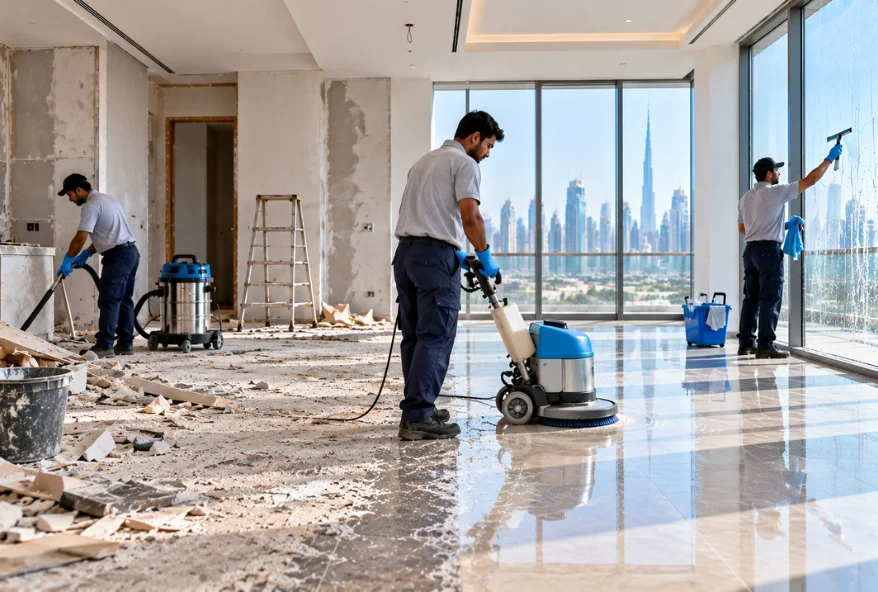 Post construction cleaning in Dubai showing a cleaning team removing construction debris and scrubbing floors before handover