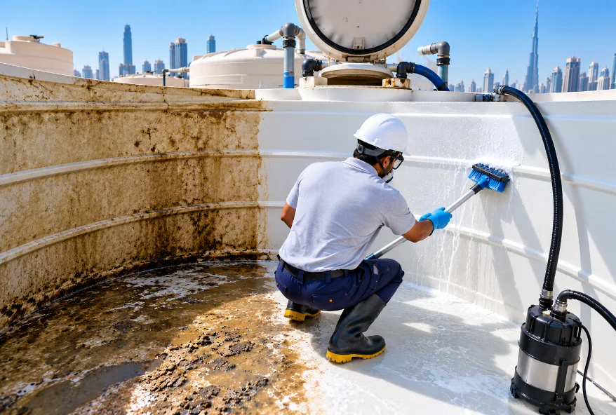 Professional water tank cleaning in Dubai showing removal of dirt and sediment from a water storage tank.